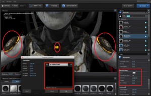 The red box on the left indicates the emissive map texture that applies to this particular model. The red box on the right shows the tweaks that can be made within Element 3d in order to make the Illuminated pieces of the model (show in the red circles) more apparent.